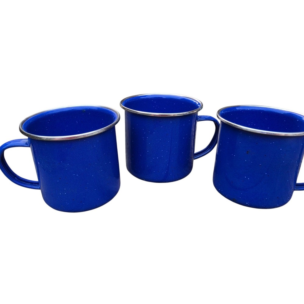 Set Of 3 Military Aluminum Speckled Metal Camping Cups Mugs Silver Rim New?